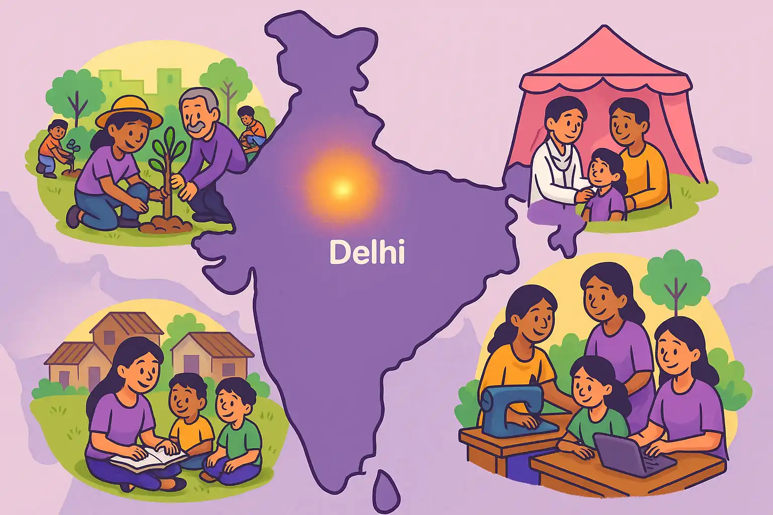 Delhi map showing our work areas with community activities