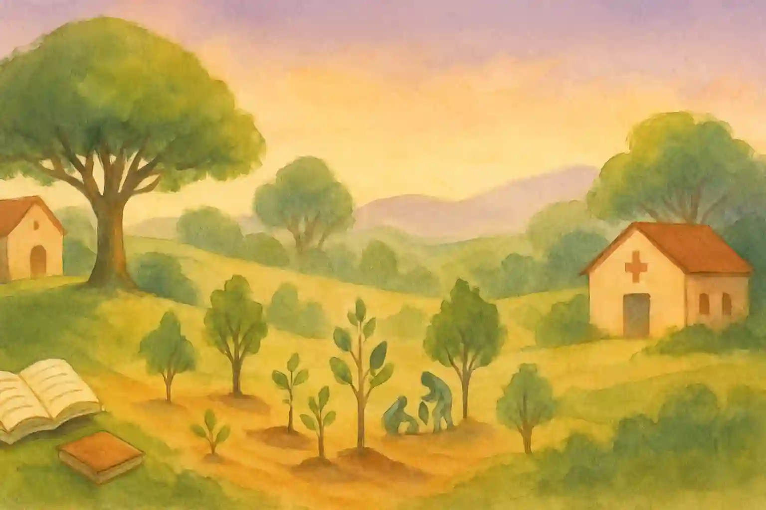 Community members engaged in education, tree planting, and healthcare activities